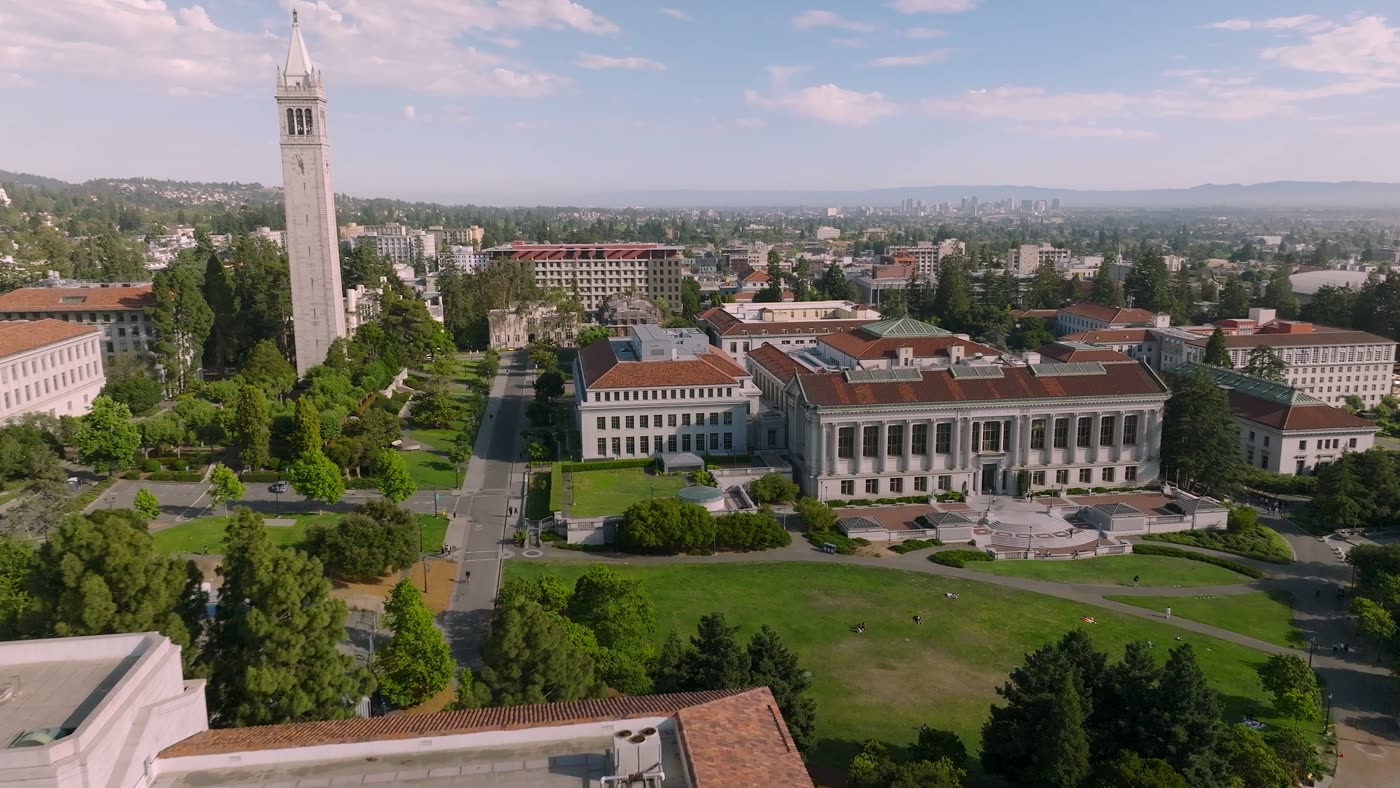 Aerial view of the UC Berkeley campus and Sather Tower