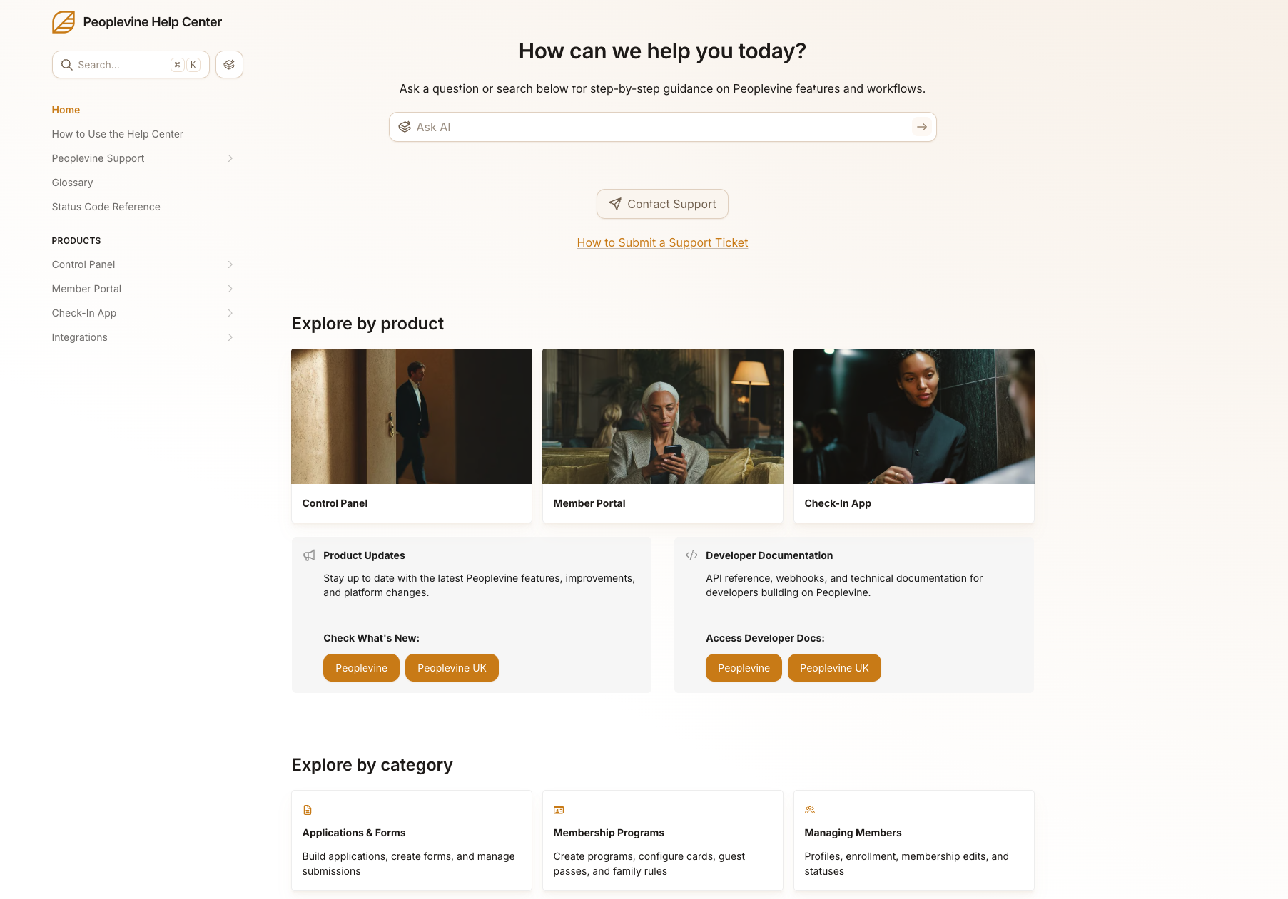 Current Help Center home page with product and category navigation and an AI search box