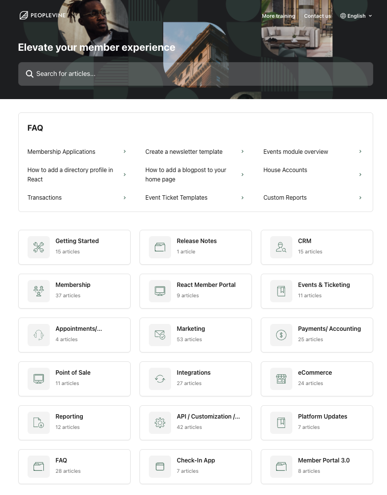 Previous help centre home page with category tiles named after system areas